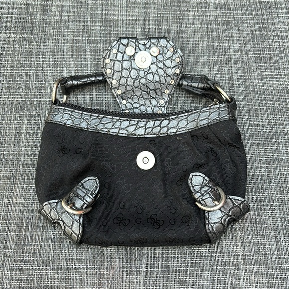 Vintage Guess Black Logo Canvas Studded & Buckled Small Single Handle Y2k Bag - Picture 6 of 9